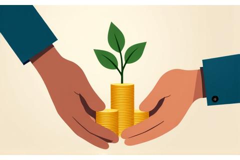 Ilustración de manos sosteniendo monedas y planta creciendo, simbolizando ahorro e inversión