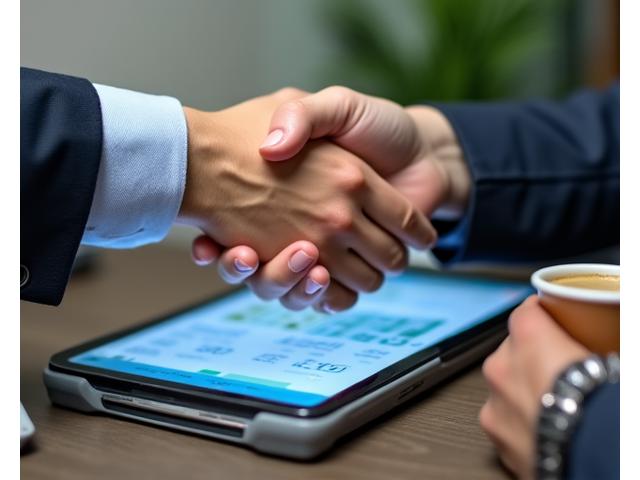 Dos manos dando un crédito a una pequeña empresa con un apretón de manos sobre una tablet